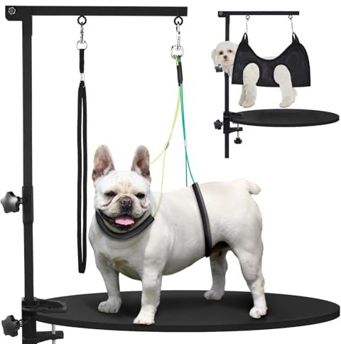 SUNMCCN Dog Grooming Arm with Hammock - 35 Height Adjustable Dog Grooming Table Arm with Clamp, Hammock, and No-Sit Haunch Holders - Ideal for Small & Medium Pets