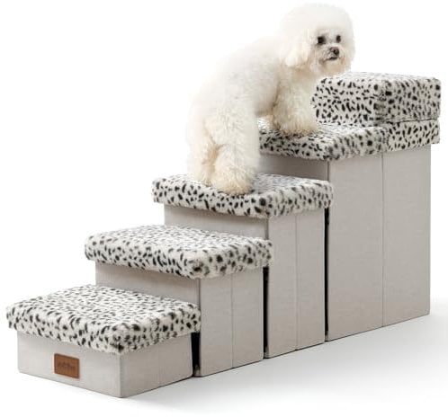 COZY KISS Haustiertreppe für Kleine Hunde mit Stauraum, Hundetreppe Faltbare für Hochbett, Hunde Treppe Hunderampe mit Rutschfestem Boden, Lecksichere, Bis Zu 80kg, 33x101x54cm, 5 Stufen, Leopard