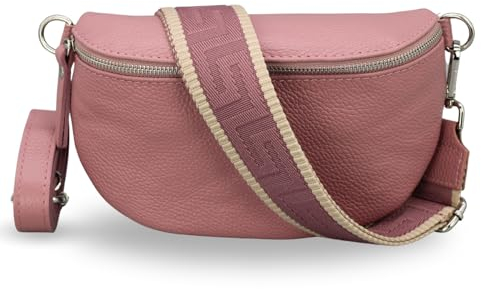 ADEL Bauchtasche Damen Echtes Leder EMMA Handgemachte Umhängetasche Crossbody Bag mit Optionalen Breiten Gemusterten Riemen Stylische Hüfttasche Made in Italy Tasche (Altrosa-Silber 4, Small)