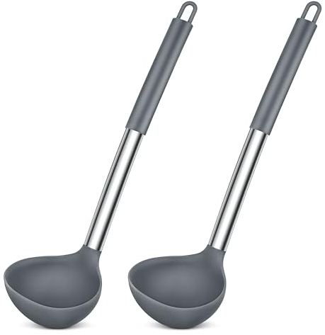 Herogo Juego de 2 cucharones de silicona para sopa, cucharón de 31 cm con mango de acero inoxidable, cuchara grande para servir sopas, resistente al calor y antiadherente, fácil de limpiar, gris