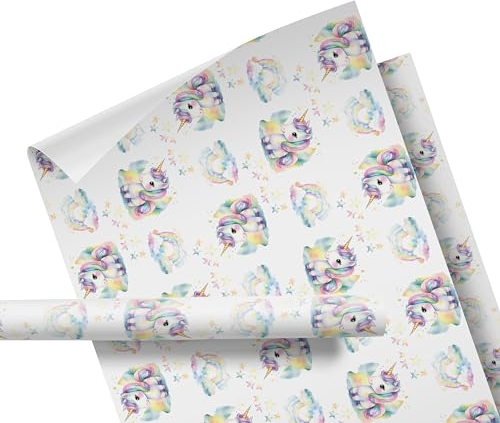 Geschenkpapier Kinder – Motiv: Einhorn, Regenbogen, rosa – für Geschenke zum Geburtstag oder Weihnachten – Geschenkpapier für Mädchen und Jungen – Rolle: 47 cm breit, 3 m lang - Geschenkverpackung