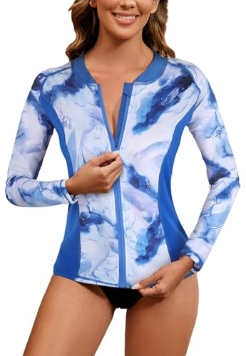 LURANEE Rashguards für Damen, mit Reißverschluss, langärmelig, UV-Schutz, Schwimm-Shirts, Blaue Krawatte, XL