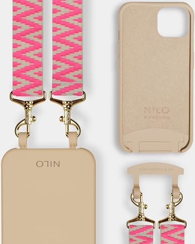 NILO® Set | Handyhülle mit Band, Handyband Power Pink Pansy mit nudefarbener Handyhülle für iPhone 14 | hochwertige Handykette, verstellbar, mit Karabiner Gold