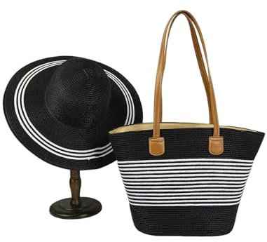 XINGXIUU Sac de Plage Femme Ensemble De Deux Pièces du Chapeau De Paille Et du Sac De Paille-Couleur en Noir Et Blanc Correspondant-Chapeau + Sac