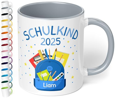 Geschenk zur Einschulung Tasse „Schulkind 2025“ für Jungen - personalisiert mit Namen Erstklässler Schüler 1. Klasse - Rucksack Blau - Keramiktasse, 330ml, Grau