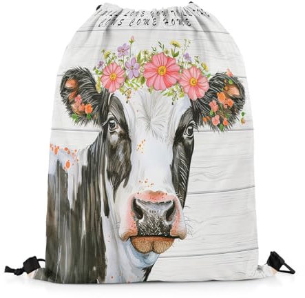 Homewish Kuh Kordelzug Taschen,Schwarzes Weißes Rind Kordelzug Taschen,Graue Vintage Holzschnur Rucksack,Bauernhaus Tier Geflügel Kordelzug Zurück Tasche,Faltbare Wasserdichte
