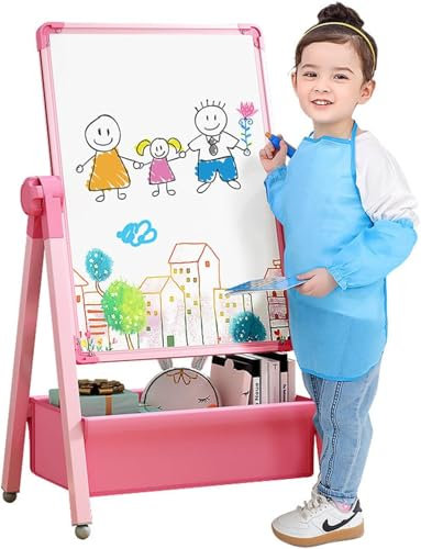 G TALECO GEAR Tafel Kinder für Kinder von 3-8 Jahren, Kindertafel mit Kreide und Magnet und Whiteboard，Standtafel Kinder 360° drehbare Magnettafel Kinder Staffelei (Rosa)