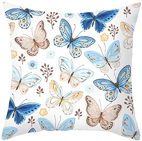 Ethereval Leinen Kissenbezüge Deko Kissenbezug Indianer Blumen-Gras-Schmetterlinge Weiß Blau Kissenbezüge Für Sofakissen Kissenhülle Länglich Premiumtouch-Kissenbezüge 45x45cm