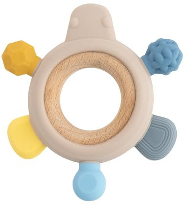 babynova Anneau de dentition en bois et silicone - dès 3+ mois - Jouet pour bébé - Soulagement des douleurs dentaires et gingivales - Développement de la motricité - Sans BPA - Jaune Bleu