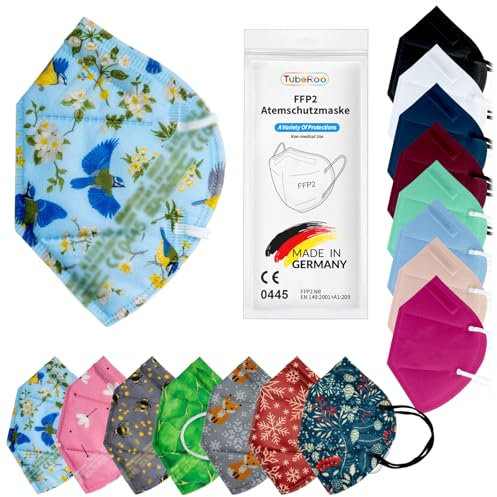 TubeRoo FFP2 Maske Blau Gelb Grün, Meisen Motiv Muster 5 Stück Masken aus Deutschland, Made in Germany, weiche runde Ohrschlaufen Bänder, Atemschutzmaske, Mundschutz, Schutzmaske, Staubmaske