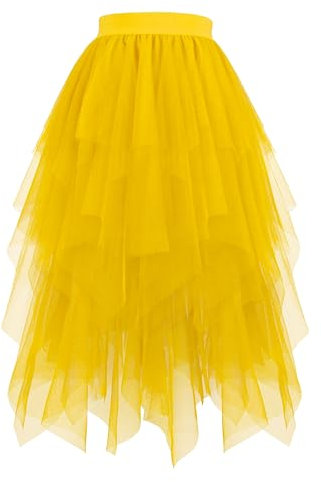 Hanpceirs Damen Tüll Röcke High Low Layered Puffy Fee Röcke A-Linie Midi Rock Unregelmäßiger Tutu Rock Gold S