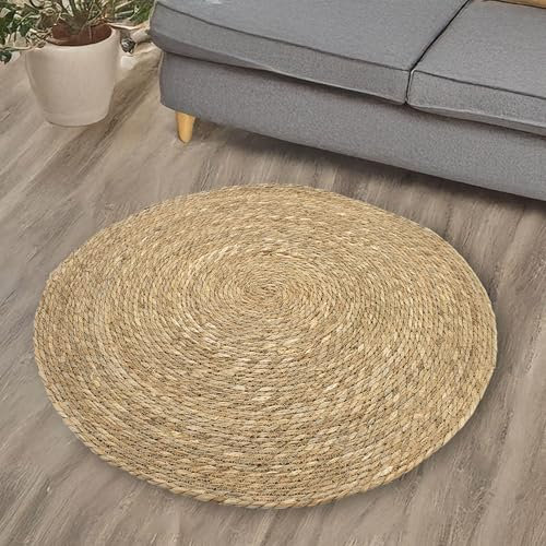 Spetebo Seegras Teppich rund Natur - Ø 80 cm - Bodenmatte im Ethno Style - Niedrigflor Naturfaser Matte Landhaus Boho Stil recycelbar antistatisch farbecht