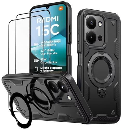 KANSi Hülle für Xiaomi Redmi 15C / Poco C85 mit Schutzglas*2, Militär Handyhülle Ständer Stoßfest Gehäuse mit Metallring Ringhalterung - Panzerhülle Schwarz