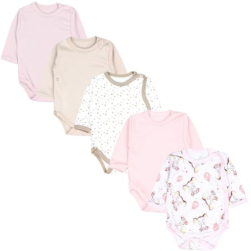 TupTam Wickelbody Langarm Baby Body im 5er Set – Weicher Body Baby aus Baumwolle für Mädchen & Jungen, Farbe: Elefanten Rosa Beige Puderrosa Sterne Apricot, Größe: 80