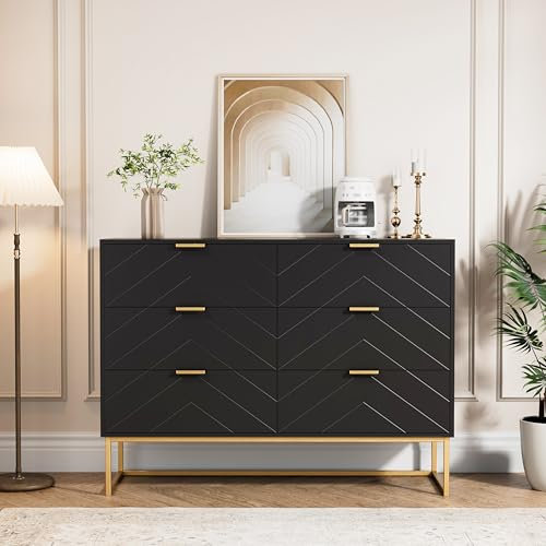 UEV Kommode mit 6 Schubladen Schrank Holz mit Kippsicherung Metallfuß Highboard Sideboard Schmal kommode Beistellschrank für Wohnzimmer Schlafzimmer,Flur 100x34x73,5cm schwarz