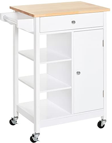 HOMCOM Desserte Cuisine, Chariot de Service, Chariot de Rangement à roulettes avec Placard, tiroir, 3 étagères Ouvertes et Porte-Serviettes, 66 x 39,5 x 86,5 cm, Blanc
