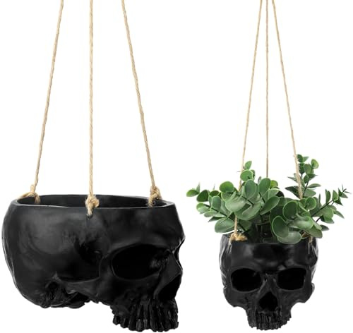 Romooa 2 Stück Hängender Totenkopf-Pflanztopf mit Metallkette Halloween Gothic Skelett Topf für Sukkulenten Blumen Horror Kopf Wanddekoration