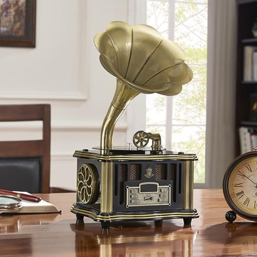 XRSMOU Turntable Gramophone,Vintage Vinyl Record Player,Built In Speakers,Bluetooth Function,Convenient Quick,for Home Office (B)