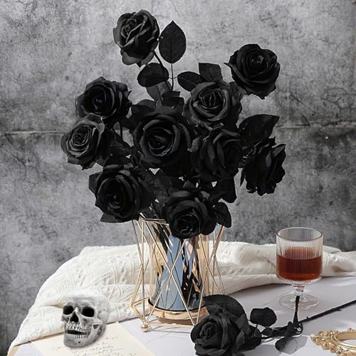 dellyy 10 Pezzi Nere Rosa Fiori Artificiali, Stelo Realistico,Halloween Fiore Artificiale, Rose Fiori Artificiali, Halloween Nere Rosa Finte, Gotico Rose Finte per Feste, Case, Matrimoni，BK