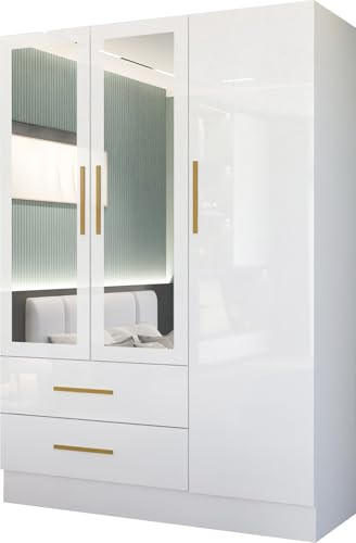 MN Furniture Modern High Gloss 3-Door Wardrobe with Mirror, Stylish Handles, Shelves & Drawers | Available in White, Black & Grey | Bedroom Closet (White)