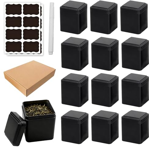 GOEDCH 12 Stück Stk Eckige Teedosen: 7 x 7 x 8.5 cm Klassische Teedosen für Losen Tee inkl 16 Etiketten und Flüssigkreide, Luftdicht Teedose Metall Schwarz Eckig für Tee, Kaffee, Zucker