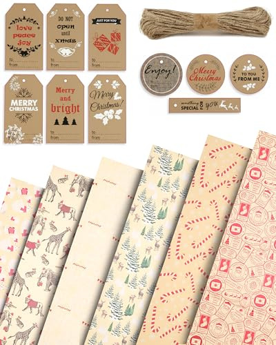 Kraft & Co - Christmas Wrapping Paper 12 Sheets - Recycled Kraft Gift Wrap Sheets 50 x 70cm, 6 Festive Holiday Designs with Tags & Twine, Eco Friendly, Biodegradable & Recyclable, Party