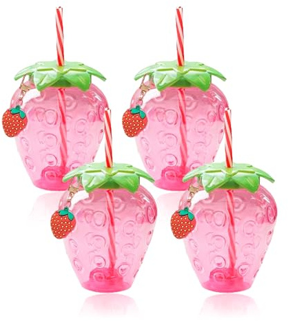 virkwuy 4 Pièces Tasses Aux Fraises Avec Couvercle Paille | Gobelets de Couvercles Tasses en Plastique de Fraise Adaptées à L'eau Potable Quotidienne Peuvent Être Utilisées à la Maison