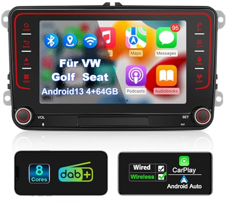 Autoradio con schermo per VW Golf 5 6 T5 Passat Polo 6R Tiguan Seat Skoda, 7 pollici Caddy Radio 2 DIN con Apple CarPlay Android Auto Mirrorlink DAB+ Navi Bluetooth WLAN Canbus GPS 8 core 4 + 64 GB