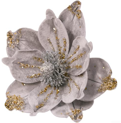 Weihnachtsblumen-Ornament-Set mit goldenem Glitzer, künstlicher Blumenkranz, Arrangement für Urlaubsdekorationen, weicher Biber, festliche Baumdekoration (grau)