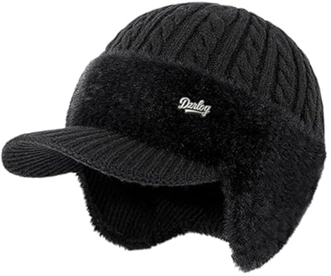 Aukojoy Wintermütze mit Schirm und Ohrenklappen, warmes Fleece-Futter, gestrickte Mütze, weiche Mützenkappe für Herren, ideal für Outdoor-Aktivitäten