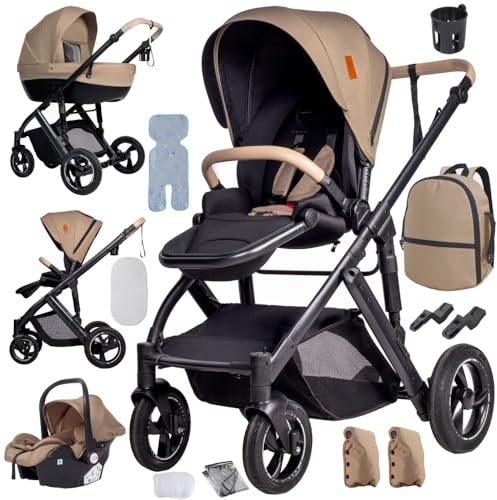 4 in 1 Kinderwagen Braun, Aluminiumrahmen, höhenverstellbarer Griff | Weiche Polsterung für erholsamen Schlaf. Stabiler Aluminiumrahmen und flexibler Schiebegriff