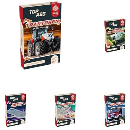 ASS Altenburger TOP Ass - Technik-Quartett 5er-Set - Traktoren, Landmaschinen, Notruf, Schiffe, Jets, + je 3 Joker