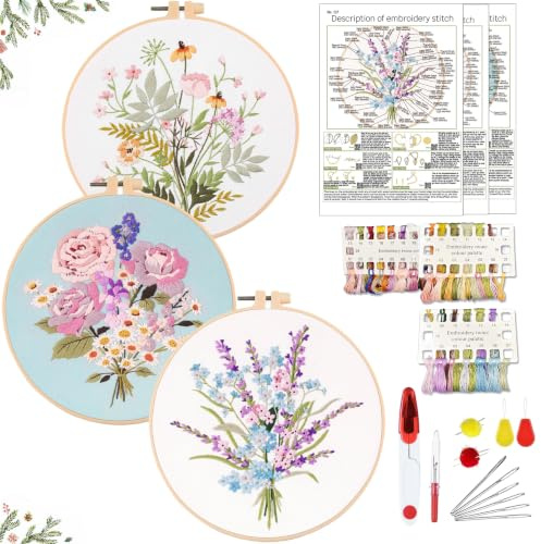 YINVA Sticken Set Erwachsene, Stickset für Stickliebhaber, Embroidery Kit zum Stressabbau und Entspannung, Komplettes Kreuzstich Set mit Stickgarn, 2 Stück Stickrahmen, Nadeln, Nadelkissen
