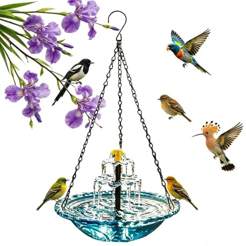 Vogeltränke Hängend mit Solarbrunnen, Wassertränke für Vögel mit Springbrunnen, 3 Stufig Vogeltränke zum Aufhängen, Solar Springbrunnen Vogelbad mit Fließendem Wasser, für Garten Hof Terrasse, Außen