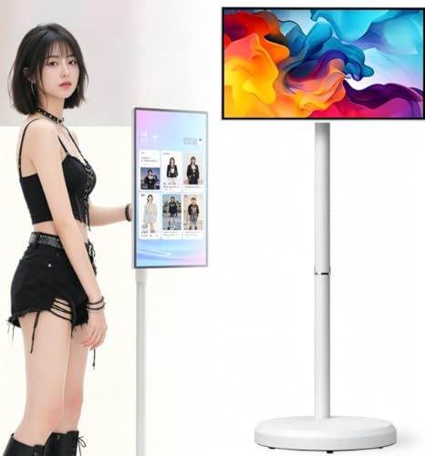 Portable Smart TV on Wheels, 23.8 Inch 1080P Touch Screen Monitor with Android 15, Wireless Movable Display, 6GB+128GB, 13MP Camera, Speaker, 8 Hour Battery, HDMI Type C for Smart Home Gym