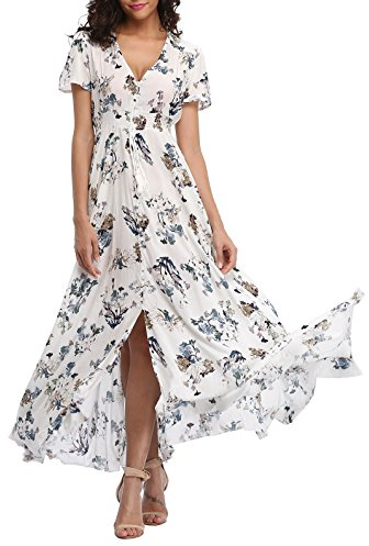 VOGMATE Boho Kleid Damen Lange V-Ausschnitt Kurzarm Blumen Maxikleider Damen Sommer Strandkleid Sommerkleid Herbstkleid Partykleid Blumenkleid Elegant mit Schlitz