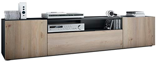 Vladon Lowboard Mogan, TV-Kommode mit 2 Türen, 1 Klappe und 1 offenes Fach, Schwarz matt/Eiche Nordic (181 x 39 x 35 cm)