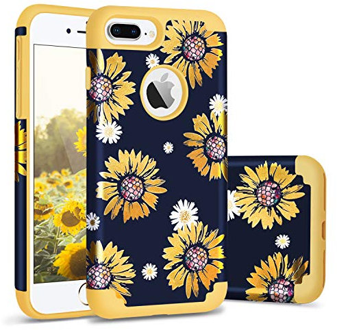 iPhone 8 Plus Case for Women,iPhone 7 Plus Case,Casewind iPhone 8 Plus Case Sunflower Hard PC Soft Silicone 2 in 1 Hybrid Protection Shockproof Rubber Bumper Anti-Scratch iPhone 7 Plus Cover,Yellow