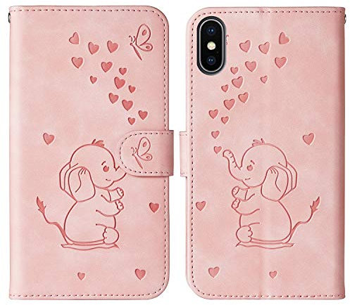 Tiyoo Phone Case for iPhone X/iPhone XS Embossed Love Heart Elephant Butterfly Pattern Folding Stand PU Leather Wallet Flip Cover Protective Case with Card Slots, Magnetic Closure (Pink)