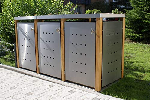 Mülltonnenbox bis 240 Liter Edelstahl Holzpfosten 3er Box mit Befestigungsset abschließbarer Griff Lärche (Pflanzendach)