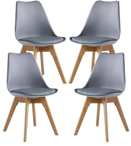 Single Set of 2/4/6 Retro Modern Dining Chairs – Lorenzo Plastic Chairs with Cushioned Pad Seat & Solid Beech Wooden Legs - Side Chair for Living Room Kitchen Office Lounge (Grey, Pack of 4)