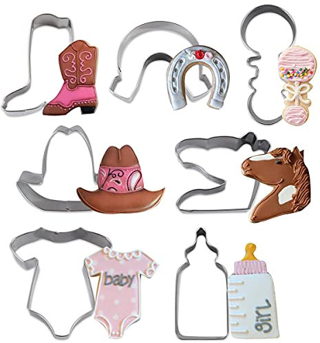 Western Themed Cookie Cutters, 7 Pack Baking Molds Stainless Steel Biscuit Sandwich Cake Cutter Set for Cowboy Cowgirl Baby Shower Party Supplies Favors