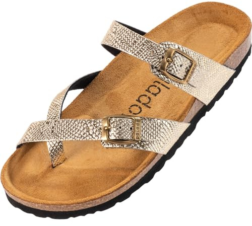Palado Damen Pantoletten Cres Metallic - elegante Sandalen Made in Spain - bequeme Hausschuhe mit dämpfendem Kork-Fußbett - modische Sommerschuhe