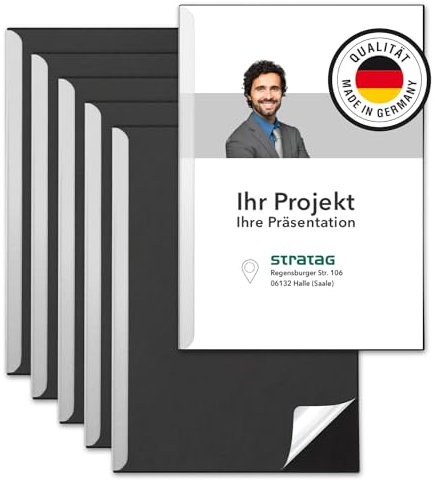 STRATAG Klemmschienen-Set (6 Stück) mit transparentem Deckel aus PP Kunststoff sowie Binderücken aus stabilem 350 g/m² Karton (Klemmmappe A4 Schwarz)
