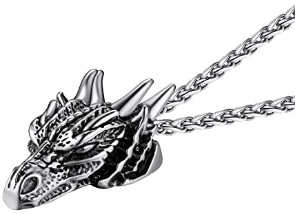 U7 Chinesische Lóng Design Halskette Edelstahl Herren Vintage Drache Kopf Anhänger mit 55+5cm Weizenkette Y2K Punk Kette mit Drachenkopf Anhänger Accessoire Rock Kettenanhänger Modeschmuck für Bruder