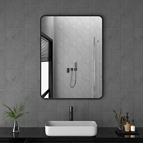Goezes Spiegel Schwarz 50x70cm Badspiegel Badezimmerspiegel Schwarz Spiegel Metallrahmen Dekorative Badezimmer Wandspiegel für Badezimmer, Wohnzimmer, Gäste WC
