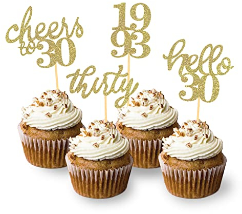 24 Stück Glitzer 30. Geburtstag Cupcake Topper Geburtstagsdeko von 1995 für 30 Geburtstagsfeier Zubehör Party Dekoration Kuchendekoration (Gold)