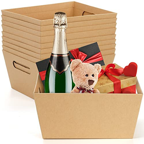 DEAYOU 10 Pack Kraft Basket With Handle, 25cm×20cm Gift Basket Empty, 5 LB Cardboard Gift Baskets Market Tray, Large Brown Paper Baskets Holder Container for Wine, DIY, Food, Snacks, Crafts, Easter