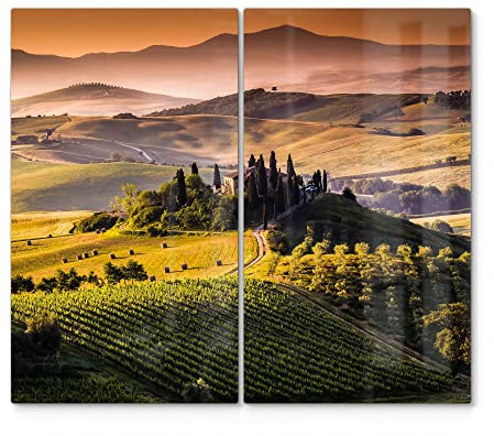 DEQORI Herdabdeckplatten Glas | 2er Set 60x52 cm | Motiv Toskana Panorama | Ceranfeld Abdeckplatten in Küche | Herd-Abdeckungen universal | Glasplatten & Schneidebretter für Kochplatte