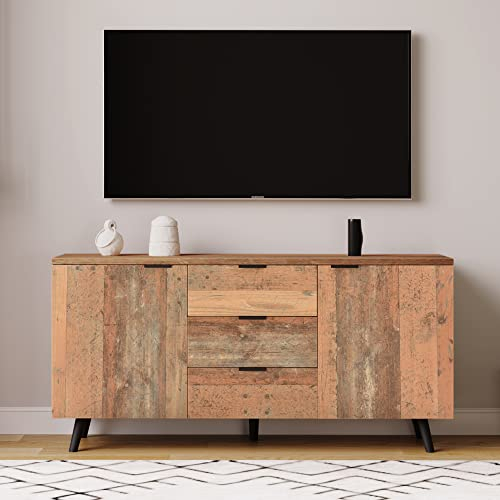 Merax Sideboard, Vintage TV-Schrank mit verstellbare Ablagen, Aufbewahrungsschrank mit 2 Türen und 3 Schubladen, Landhausstil, Kommode für Wohnzimmer, Esszimmer, Schlafzimmer, Braun, 140 x 35 x 70 cm